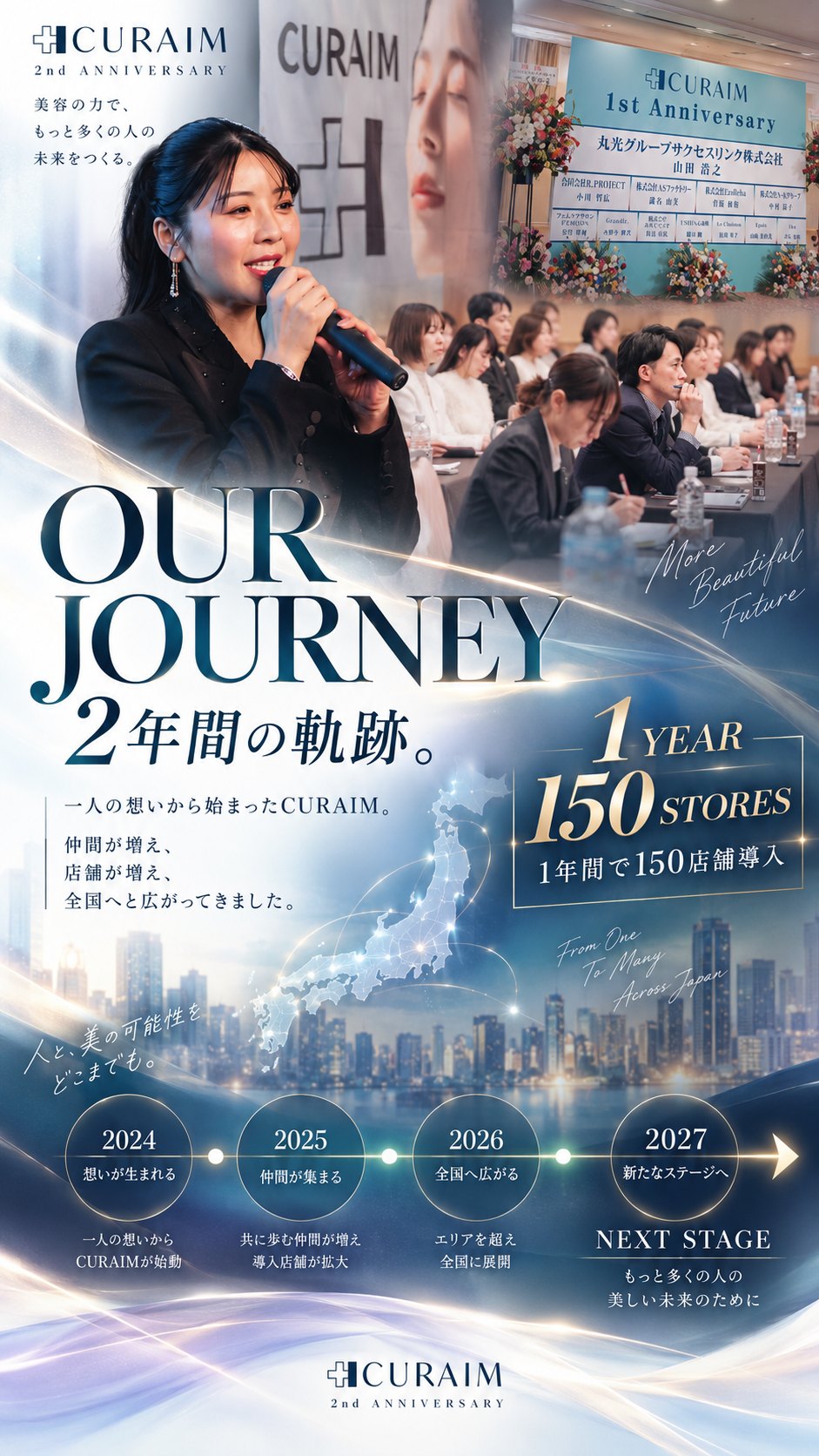 OUR JOURNEY 2年間の軌跡。一人の想いから始まったCURAIM。仲間が増え、店舗が増え、全国へと広がってきました。1 YEAR 150 STORES、1年間で150店舗導入。2024 想いが生まれる、2025 仲間が集まる、2026 全国へ広がる、2027 新たなステージへ。